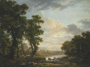 George Barret An extensive wooded river landscape with shepherds recicling in the foreground and ruins beyond oil painting on canvas